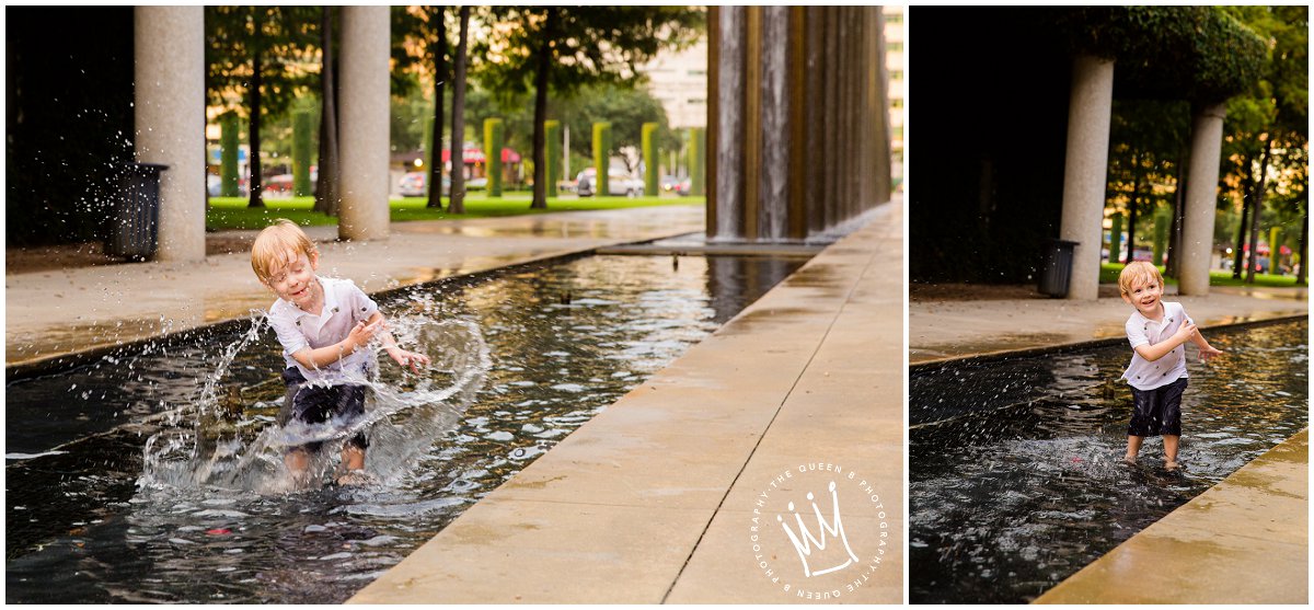 Fun playing in water fountain lifestyle portraits of little boy
