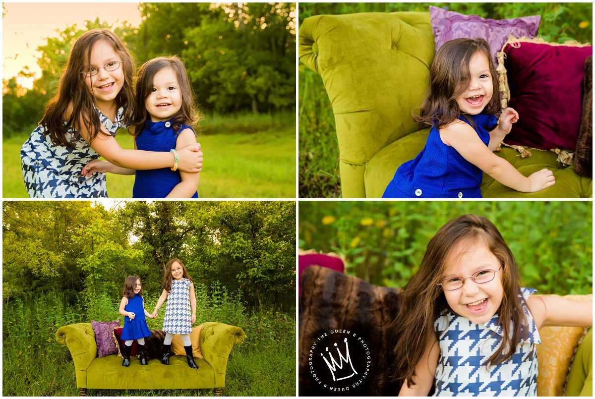 Fun Sisters Portraits on Couch in Woods 