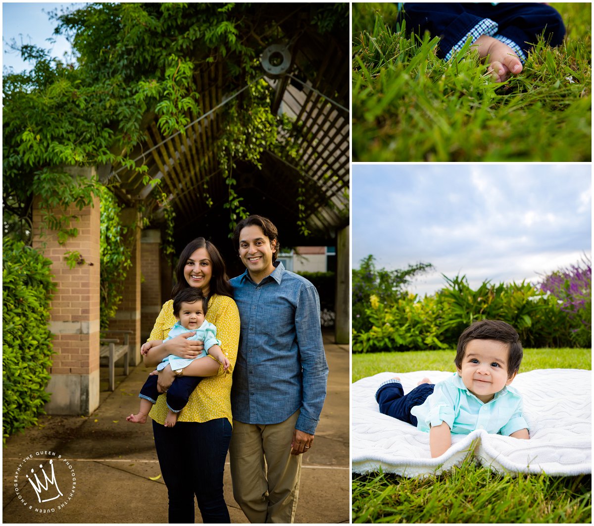 family of three in urban park for 6 month photo session