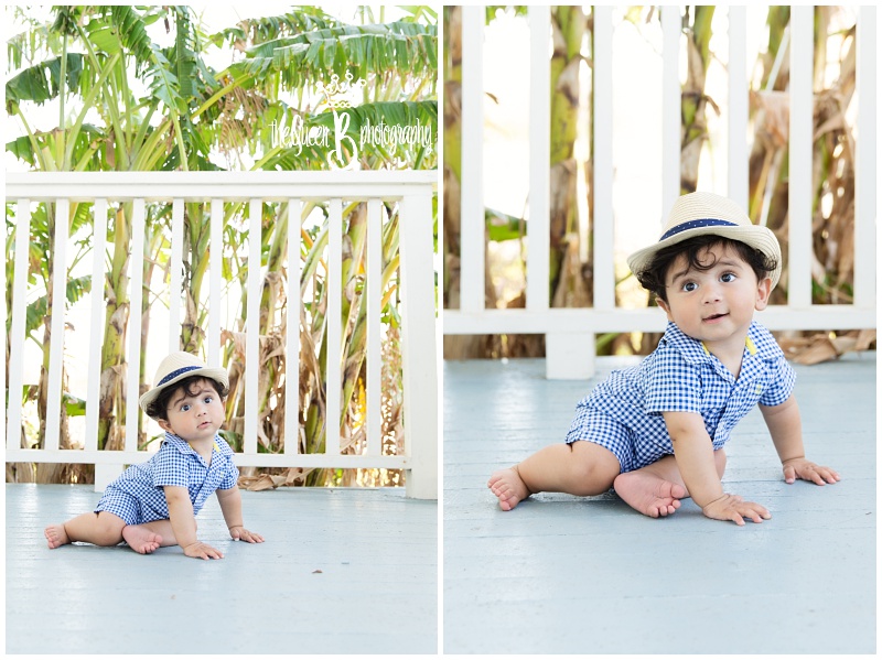adorable chubby southern baby on porch with spring hat