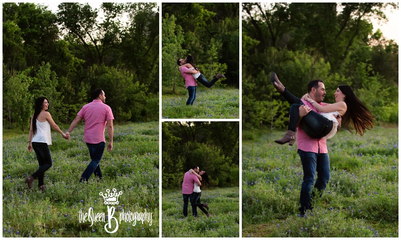 beautiful couple laughing and playing in texas wildflowers