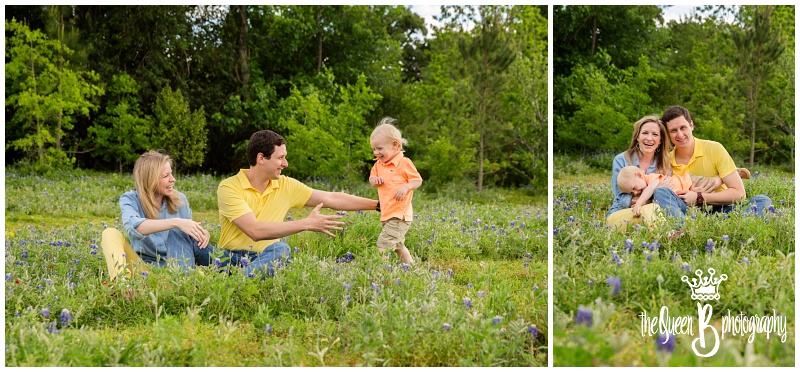 fun Sugar Land family with toddler boy playing in field of bluebonnets