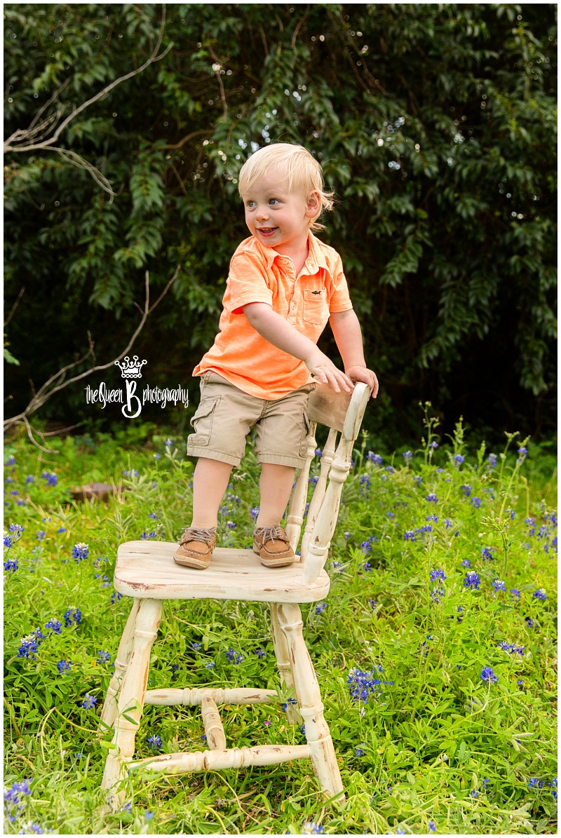 Sugar Land Child Photographer captures mischievous toddler boy standing on chair in bluebonnets 
