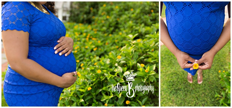 baby bump in blue maternity dress with yellow flower background