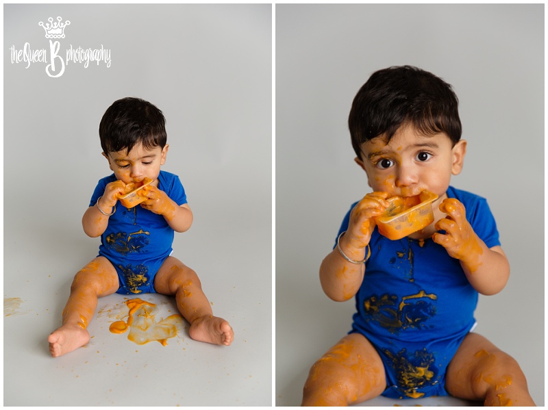 Sugar Land Baby Photographer captures Unique 1st Birthday Photo Shoot of boy playing in baby food