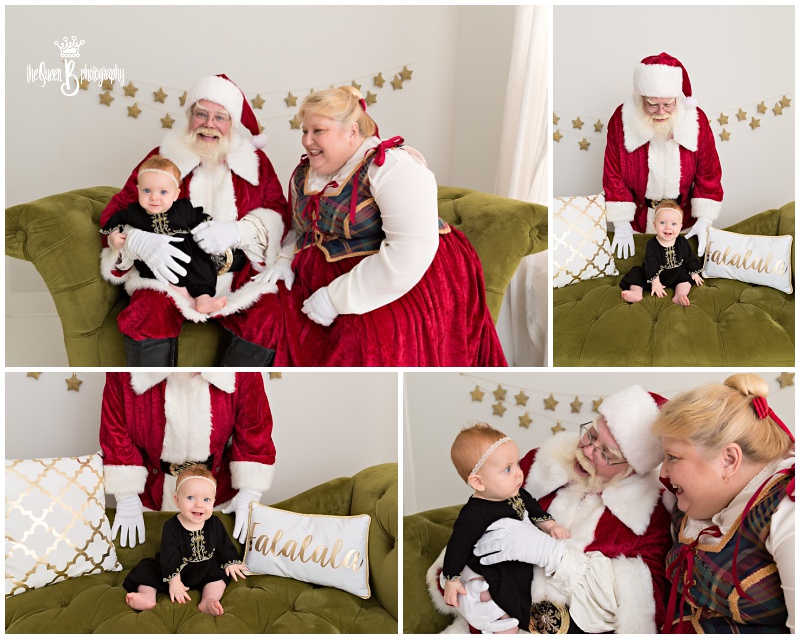 Houston Photography Studio Santa Photo Session Happy Baby with Mrs.Claus and Santa on Green Couch