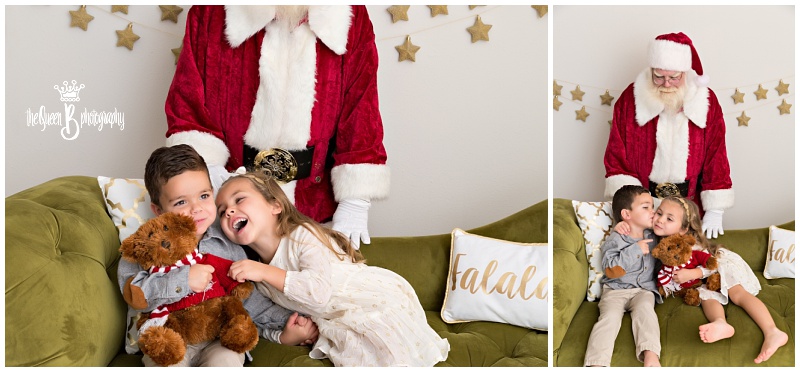 Houston Photography Studio Santa Photo Session Brother and Sister Laughing on Green Couch