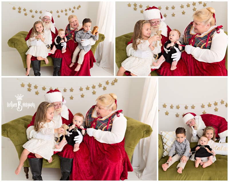 Houston Photography Studio Santa Photo Session Family on Green Couch with Santa and Mrs. Claus
