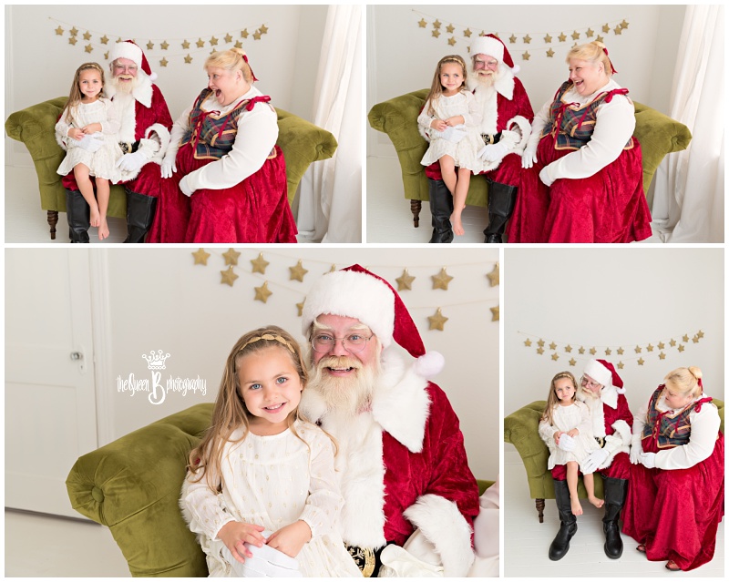 Houston Photography Studio Santa Photo Session Green Couch Little Girl Smiling with Mrs.Claus