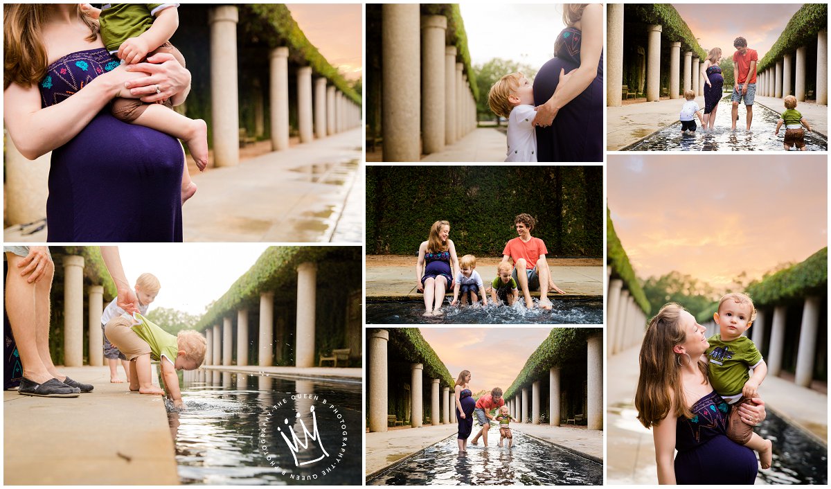 unique maternity photo session playing in fountain with toddler boys