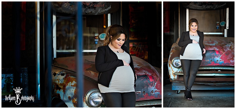 pregnant woman with red antique car
