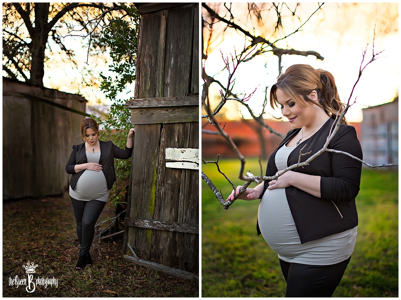 rustic barn in nature with pregnant woman