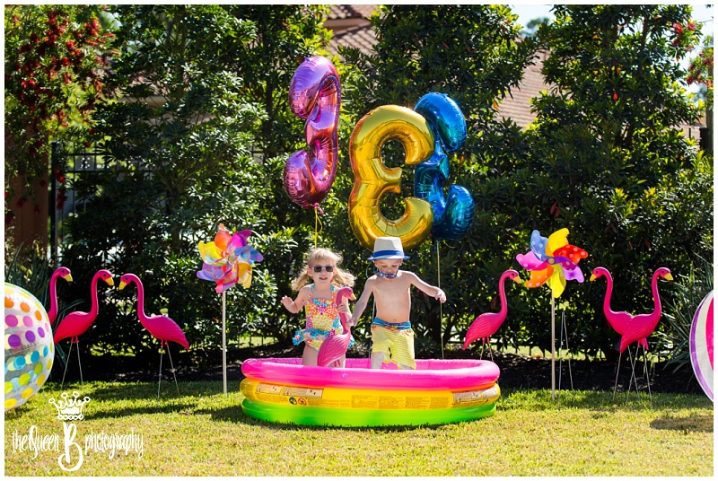 Houston twin photographer styled pool party for third birthday photo shoot