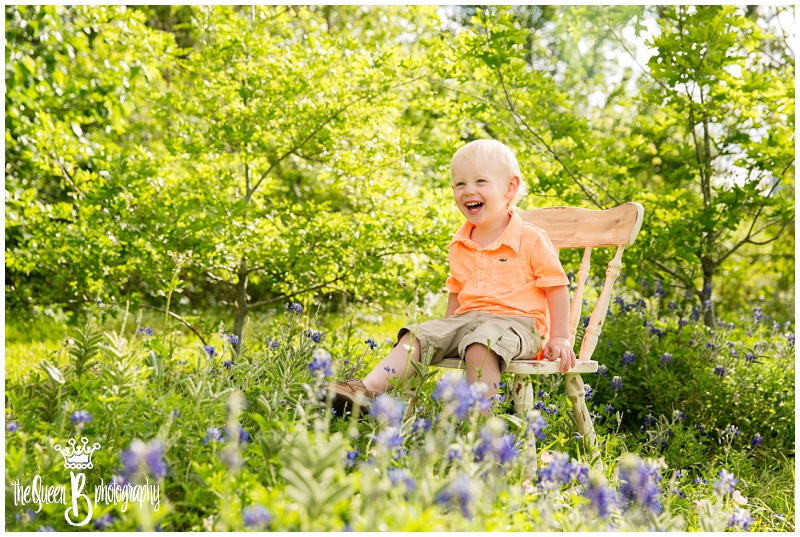 Laughing toddler boy in chair in field of bluebonnets