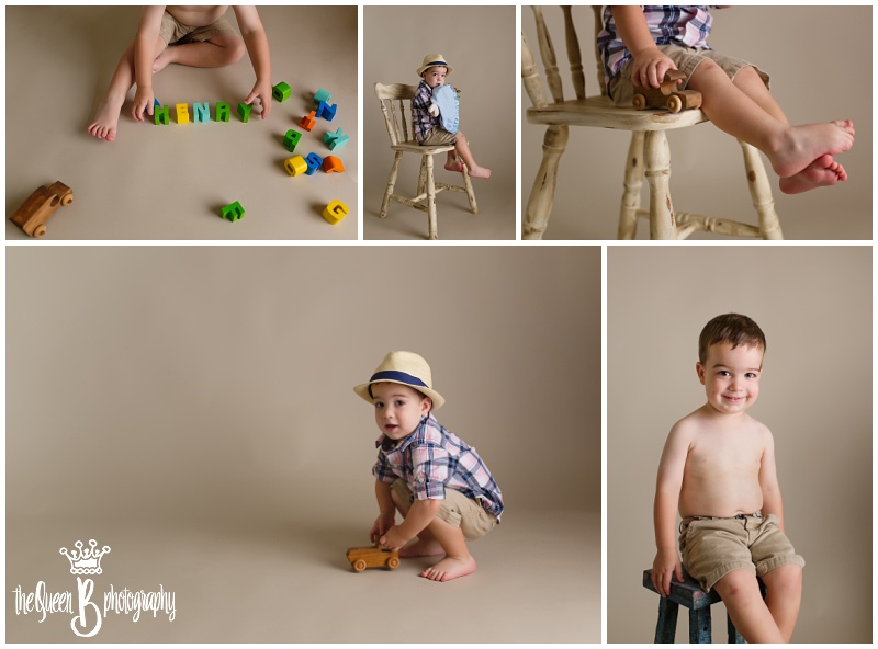 toddler boy in studio photo session on tan background