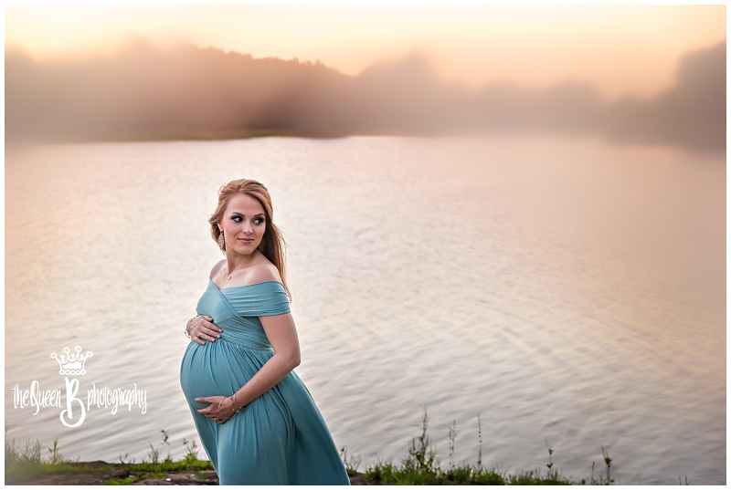 Sunset Maternity Portraits by the lake in Blue Gown