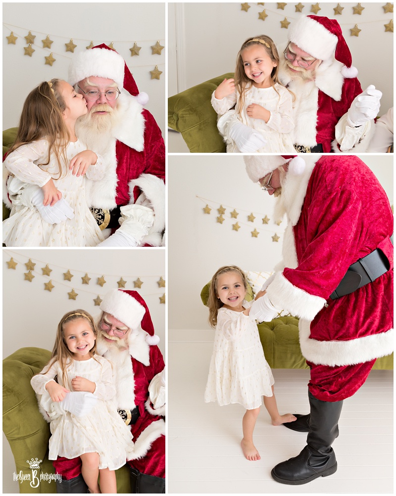 Houston Santa Photos Beautiful little girl on Green Couch with Santa Dancing with Santa